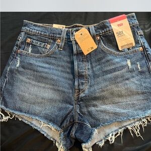 Levi's Blue Distressed Jean Shorts with Frayed Hem